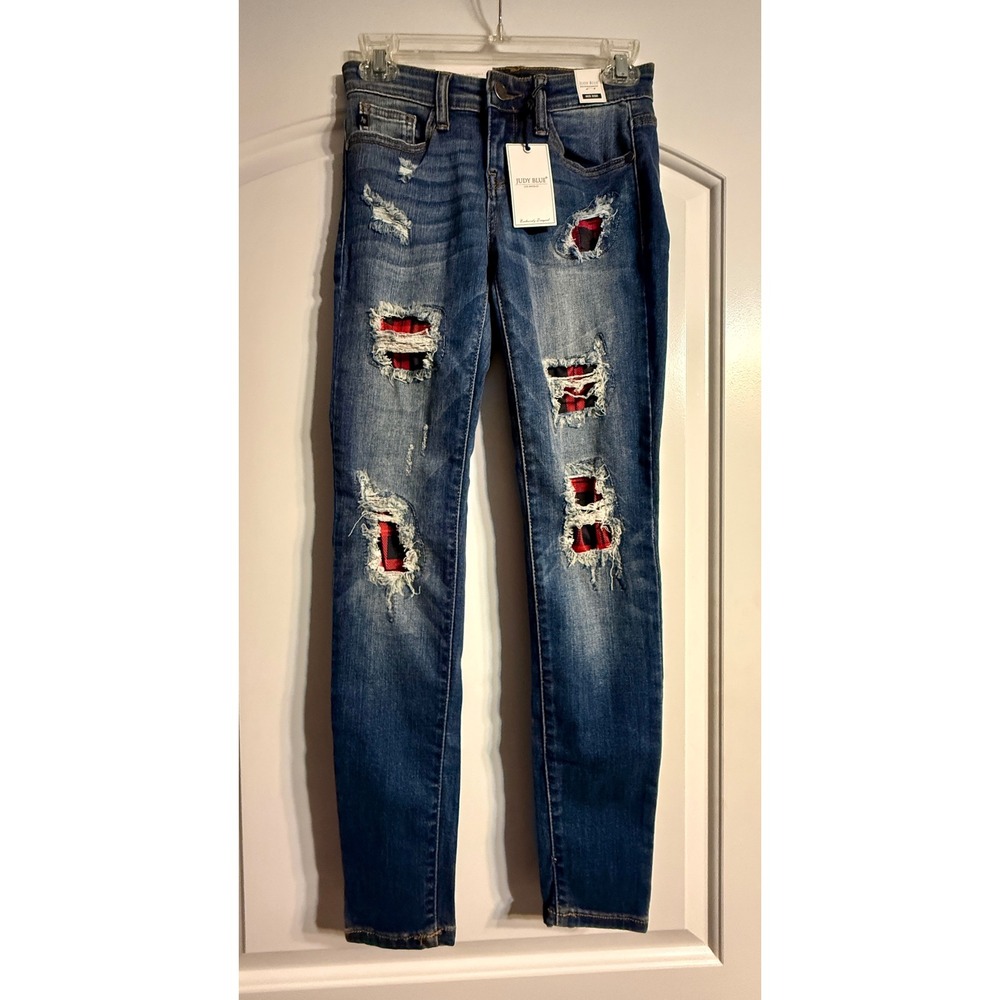 Judy Blue Skinny Jeans 1/25 Blue NEW Buffalo Plaid Distressed Lumberjack Cozy